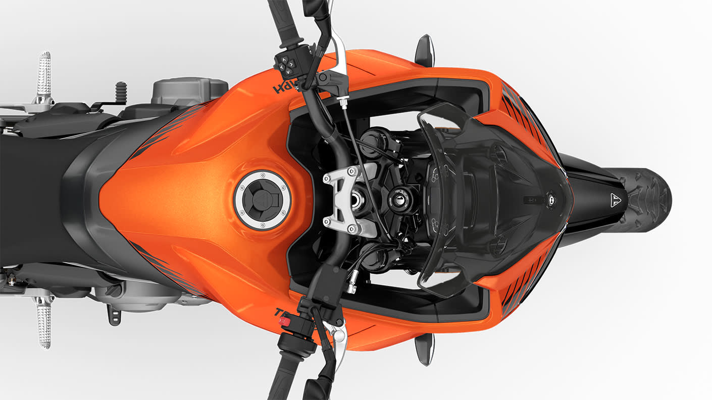 Tiger Sport 660 tank in baja orange and phantom black from top view